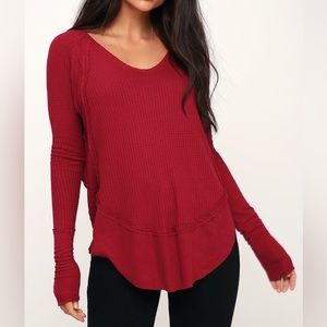 Free People Catalina Thermal Long Sleeve Slouchy Waffle Distressed Top in Red XS